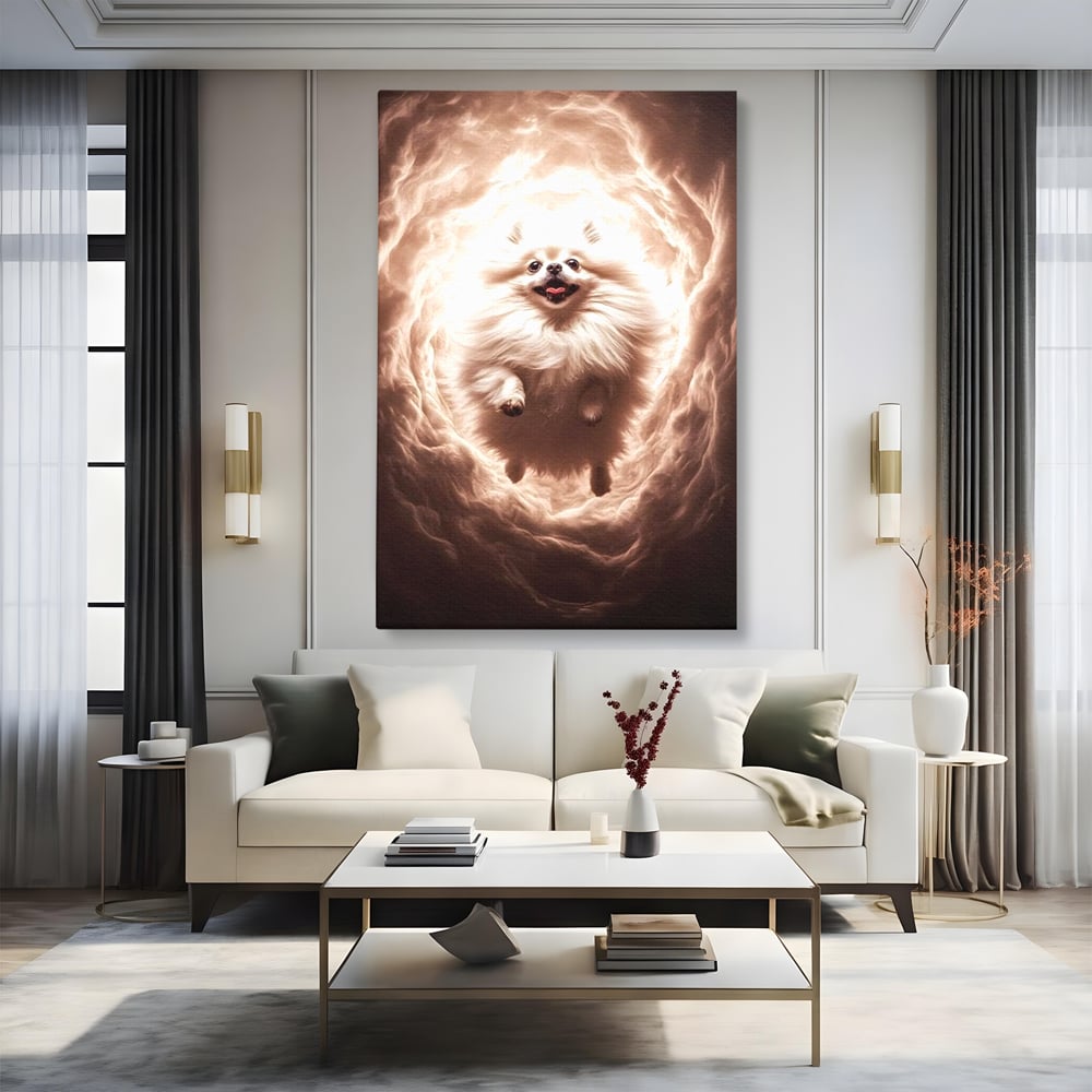 Tablou canvas cu tablou canvas cu caine pomeranian pufos, fara rama, pe sasiu de lemn, pe perete intr-un living